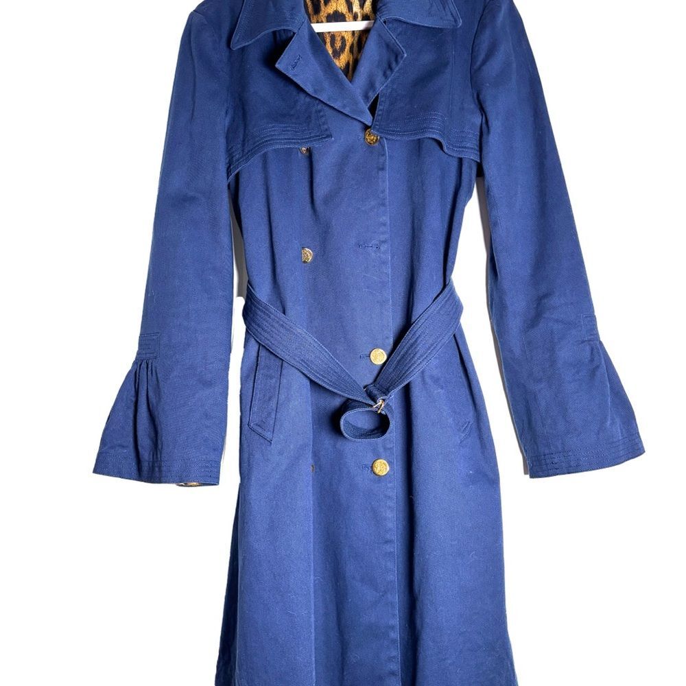 Roberto Cavalli Blue Trench Coat – Leopard Lining, Italian Designer Y2K